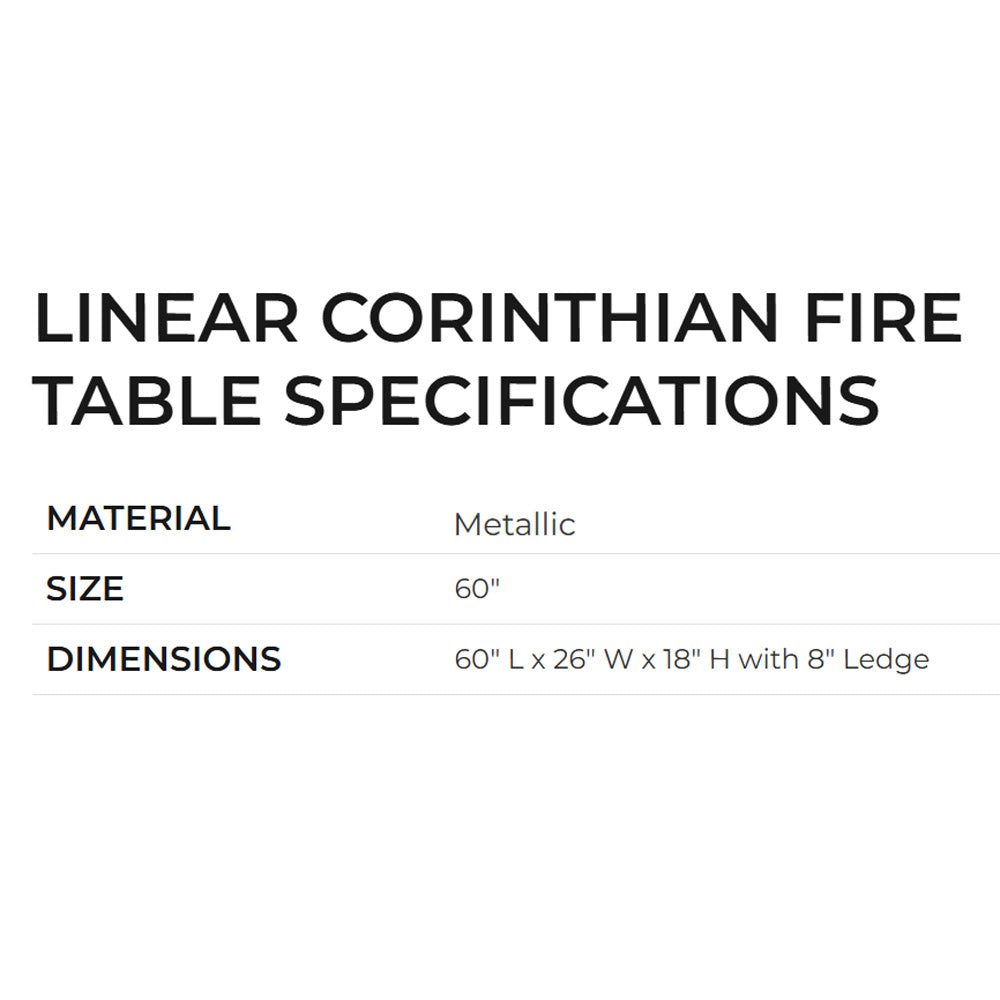 Linear gas fire table specifications panel showing material and dimensions.