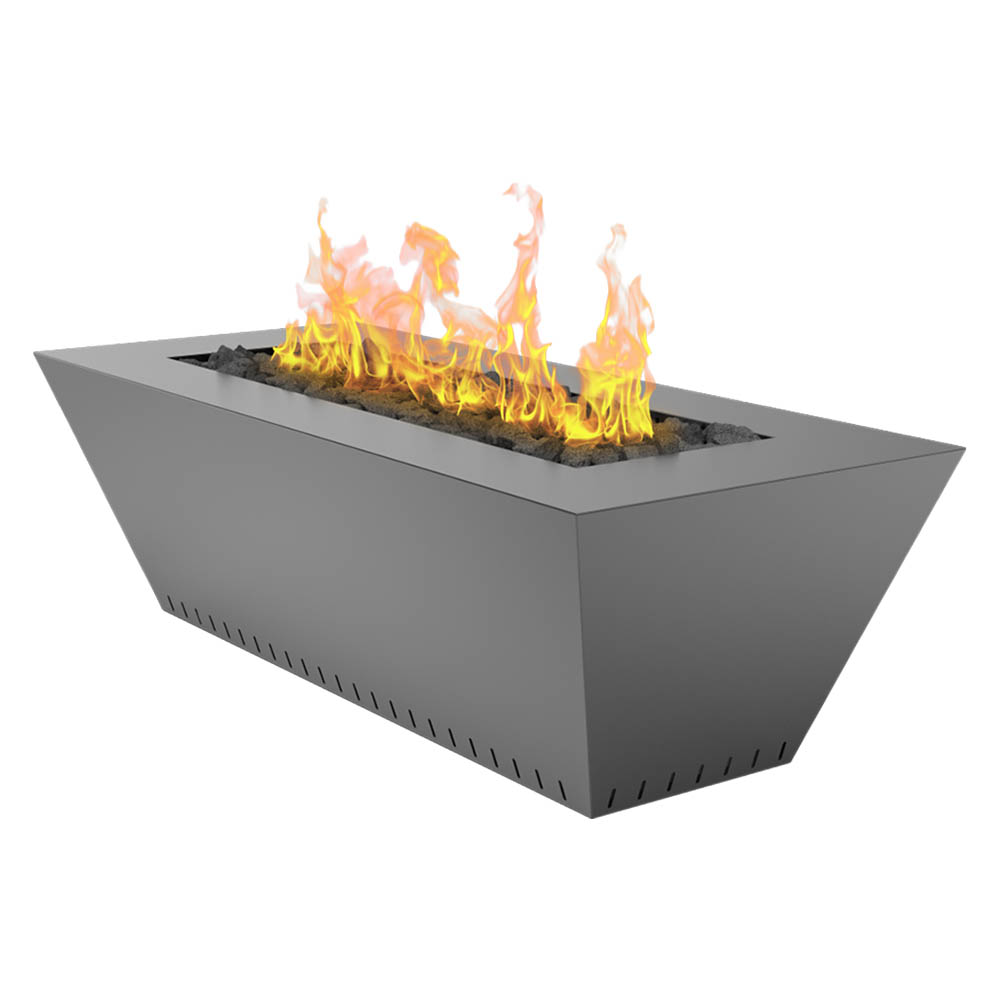 Linear gas fire table with grey powder-coated metal and open flames in rectangular burner.