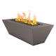 Linear gas fire table with dark powder-coated metal and open flames in rectangular burner tray.