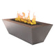 Linear gas fire table with bronze powder-coated metal and open flames in rectangular burner.