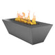 Linear gas fire table with grey hammertone powder-coated metal and open flames in burner tray.