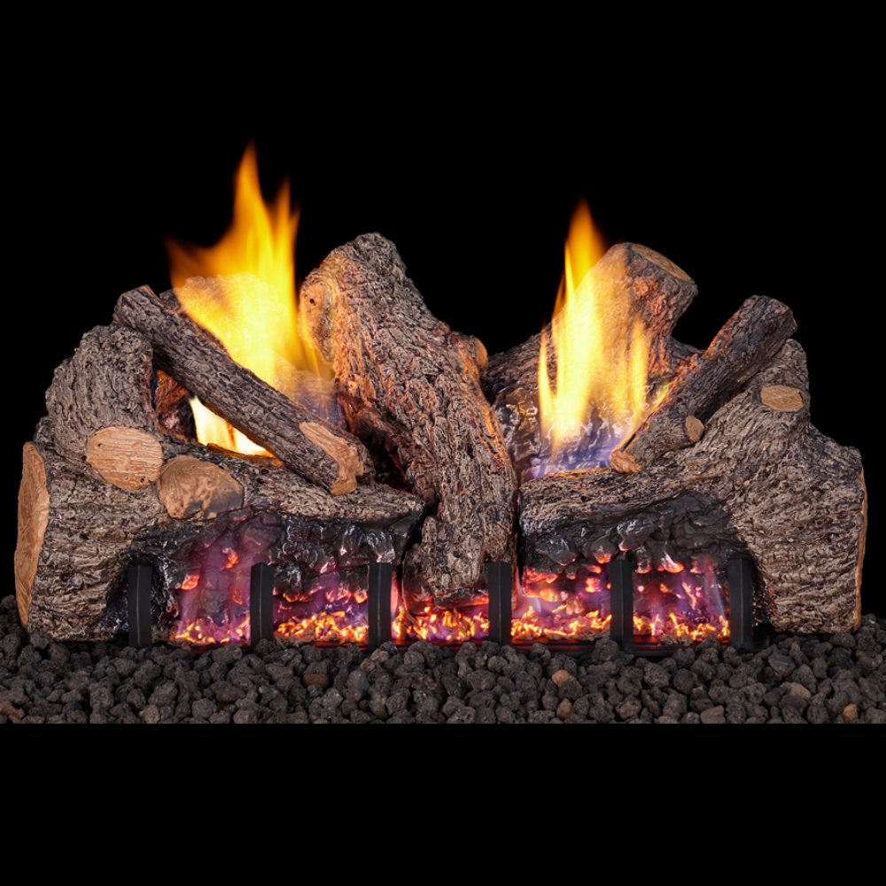 Ventless outdoor gas log set with dark oak logs and bright flames over black firebed