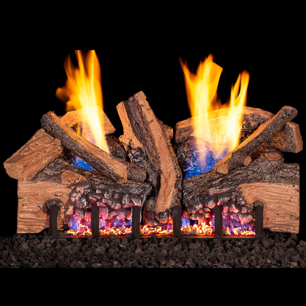 Ventless outdoor gas log set with split oak logs and visible flames over burner bed
