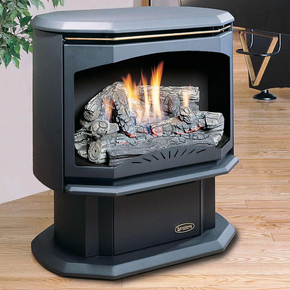 Vent-free gas stove with faux log set and glowing flames, black freestanding design