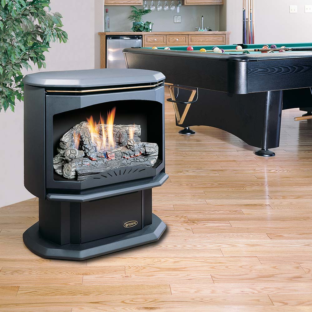 Freestanding vent-free gas stove with black mantel, faux logs and tall flames