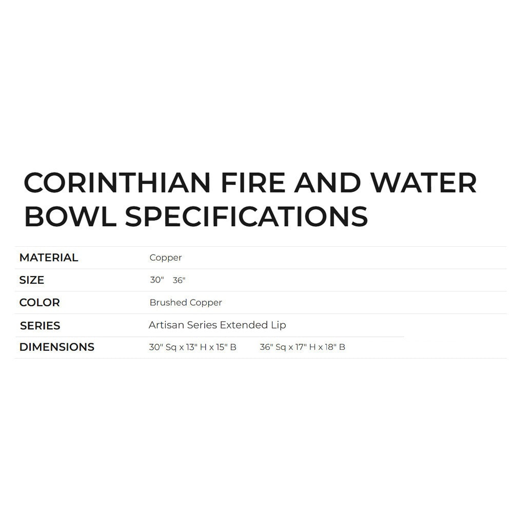 Grand Effects Artisan Series Square Corinthian Copper Gas Fire and Water Bowl with Extended Lip
