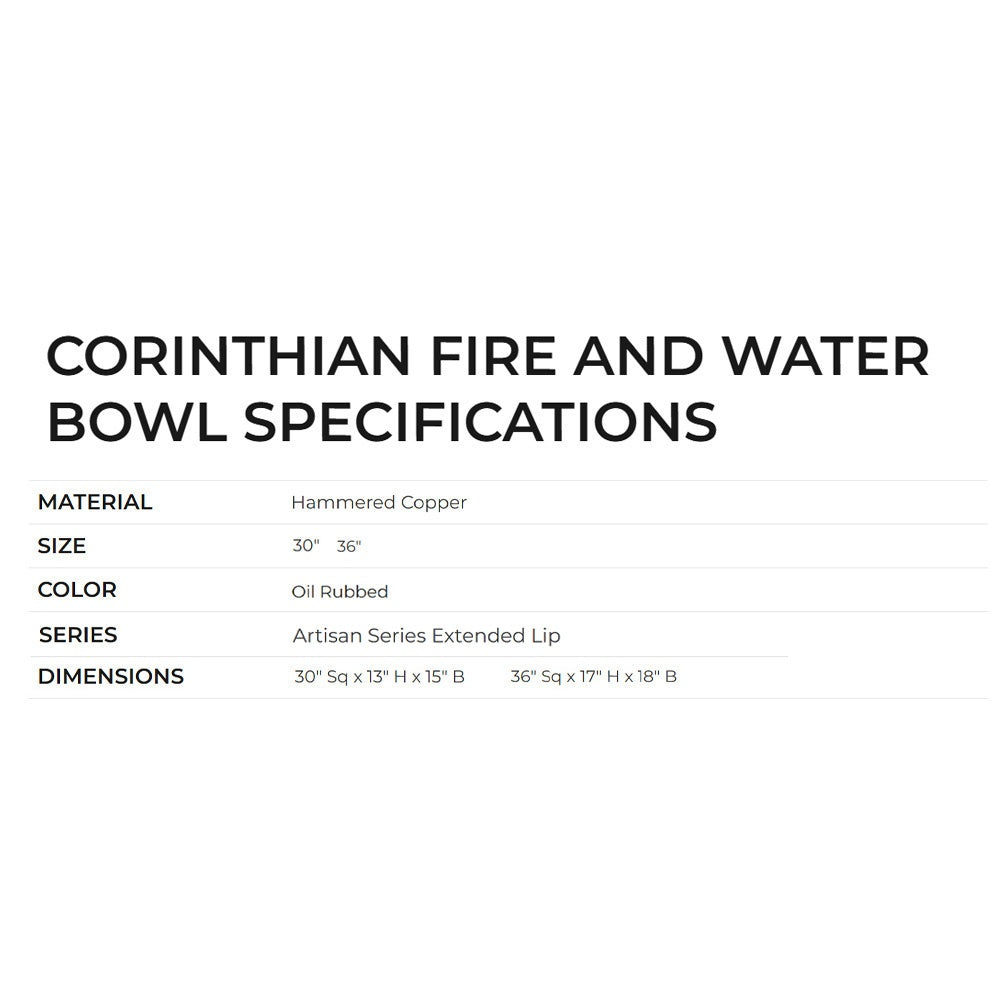 Grand Effects Artisan Series Square Corinthian Hammered Copper Gas Fire and Water Bowl with Extended Lip
