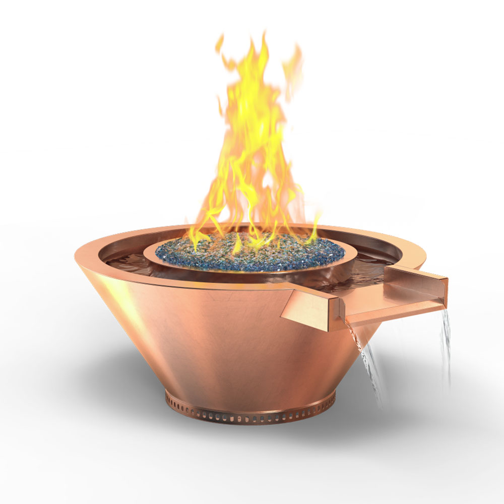 Copper gas fire and water bowl with extended rim, flames over blue burner