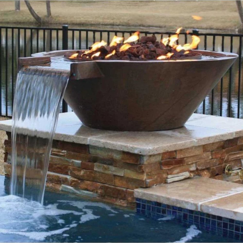 Copper gas fire and water bowl with flames and water spill into pool