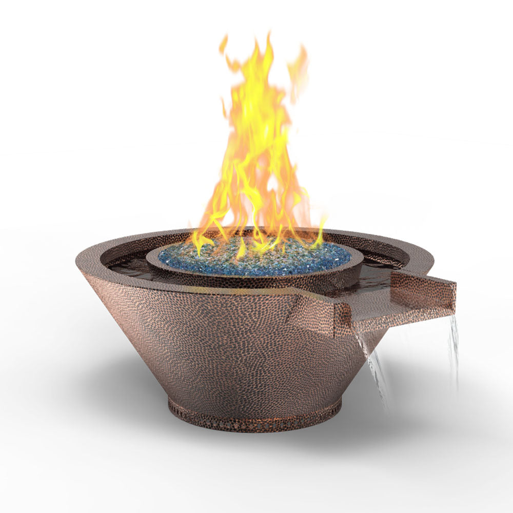 Hammered copper fire and water bowl with flames rising from the center.