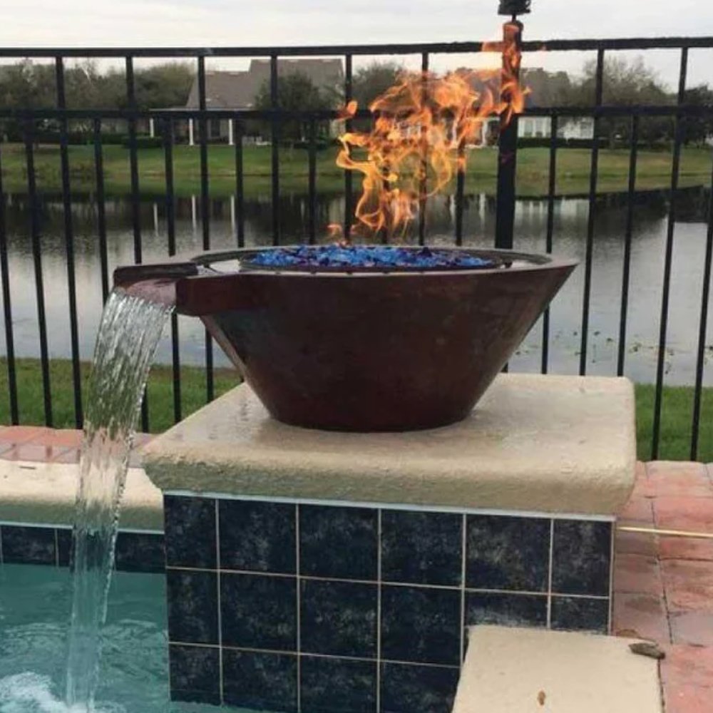 Copper fire and water bowl with tall flames and a cascading water stream.