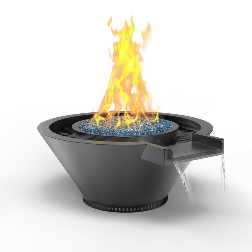 Powder-coated gas and water fire bowl with extended lip, black finish, flames rising