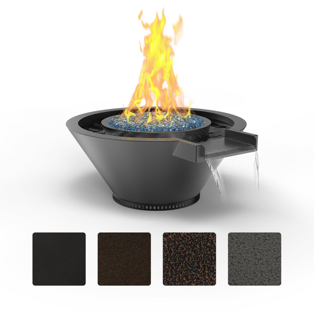 Powder-coated gas and water fire bowl with extended lip, black finish, flame shown