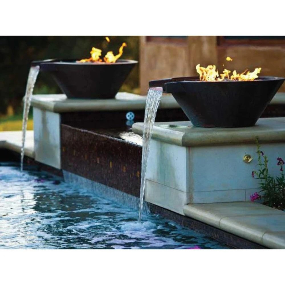Powder-coated gas and water fire bowl with extended lip, black finish, water pouring