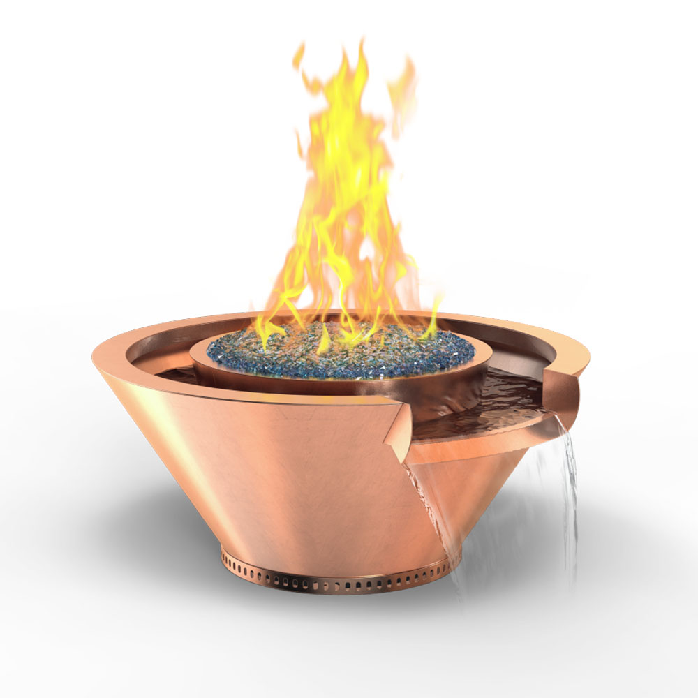 Copper gas fire and water bowl with seamless lip, flames and water stream.