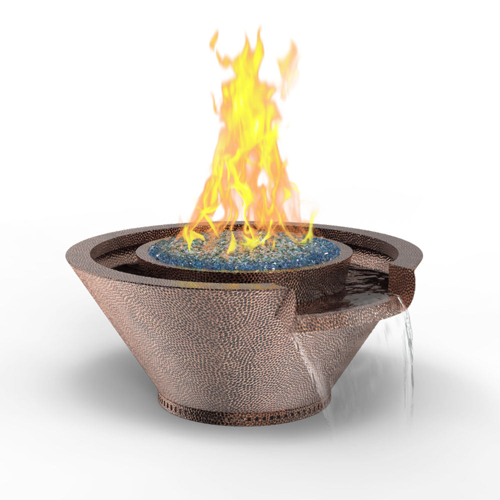 Hammered copper round gas fire and water bowl with open flame and water surface