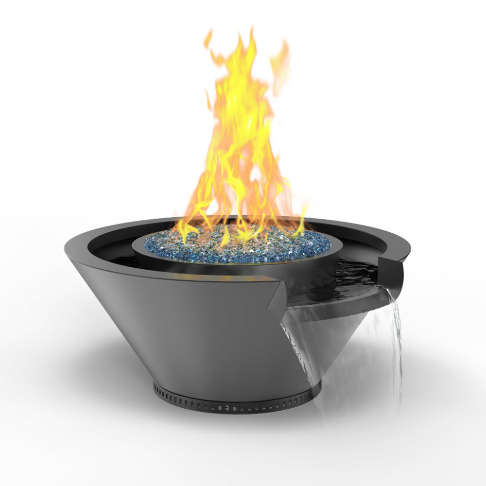 Round powder-coated metal fire and water bowl with flame, seamless rim and side opening