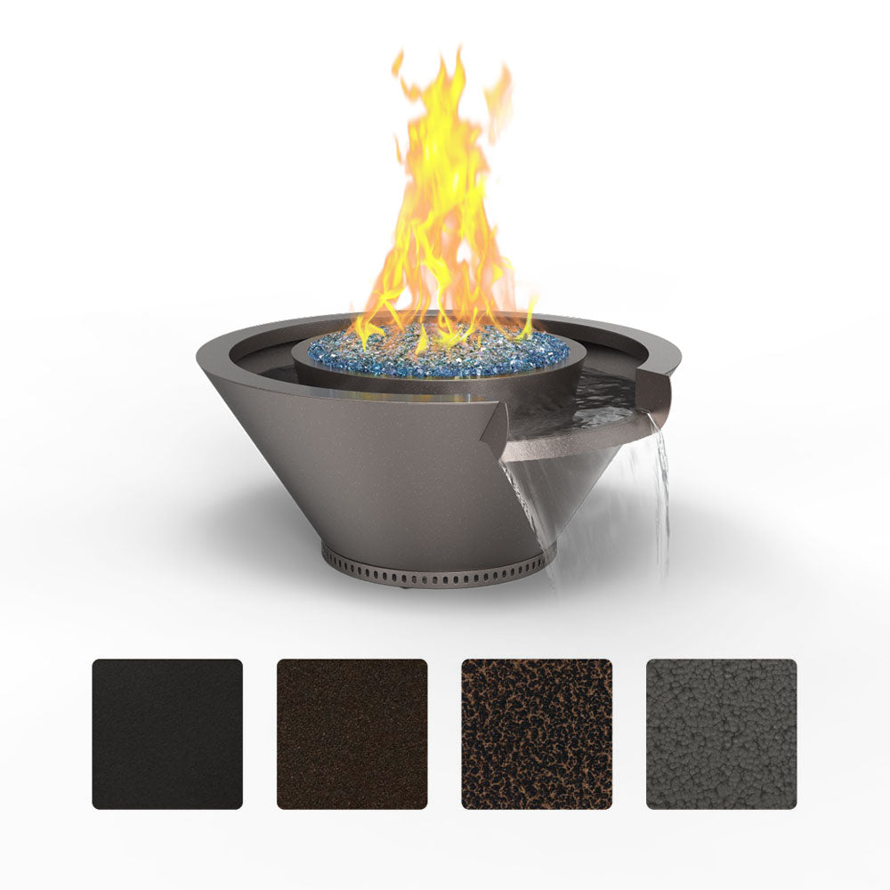 Round powder-coated metal fire and water bowl with seamless lip, burning flame visible