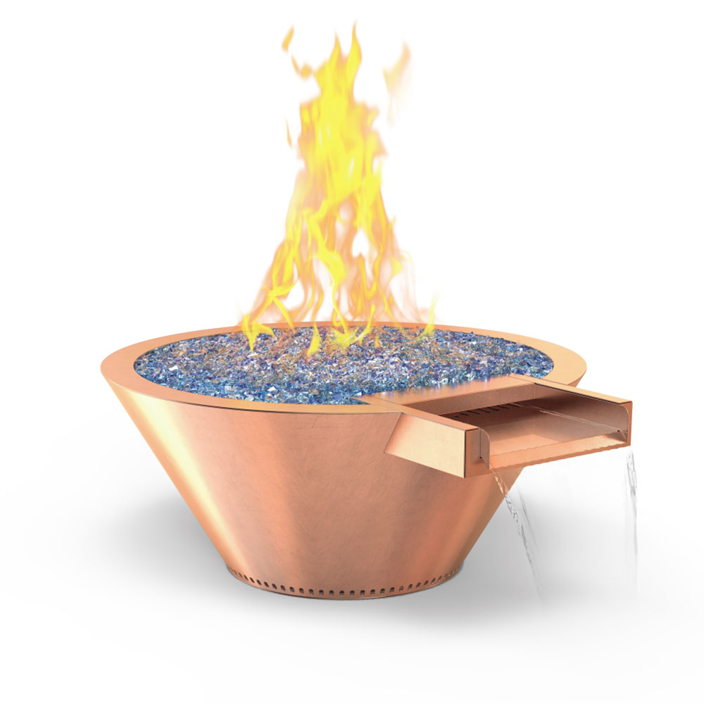 Round copper fire and water bowl with blue fire glass and gas flames