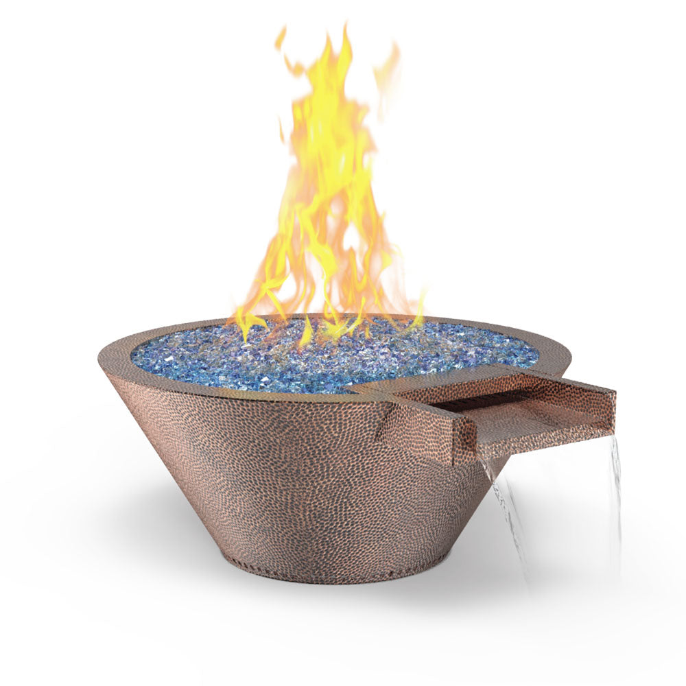 Round hammered copper gas fire and water bowl with flames and blue filler rocks