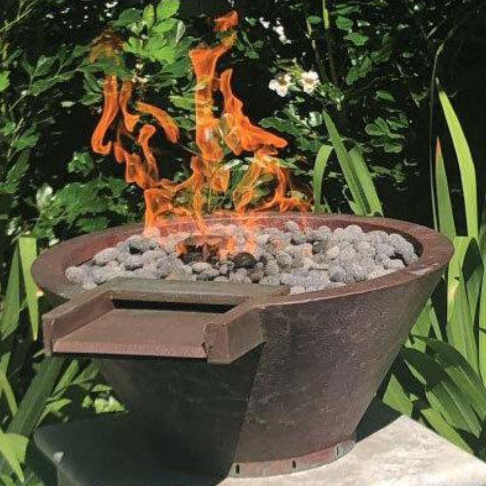 Round hammered copper fire and water bowl with orange flames and gray burner stones