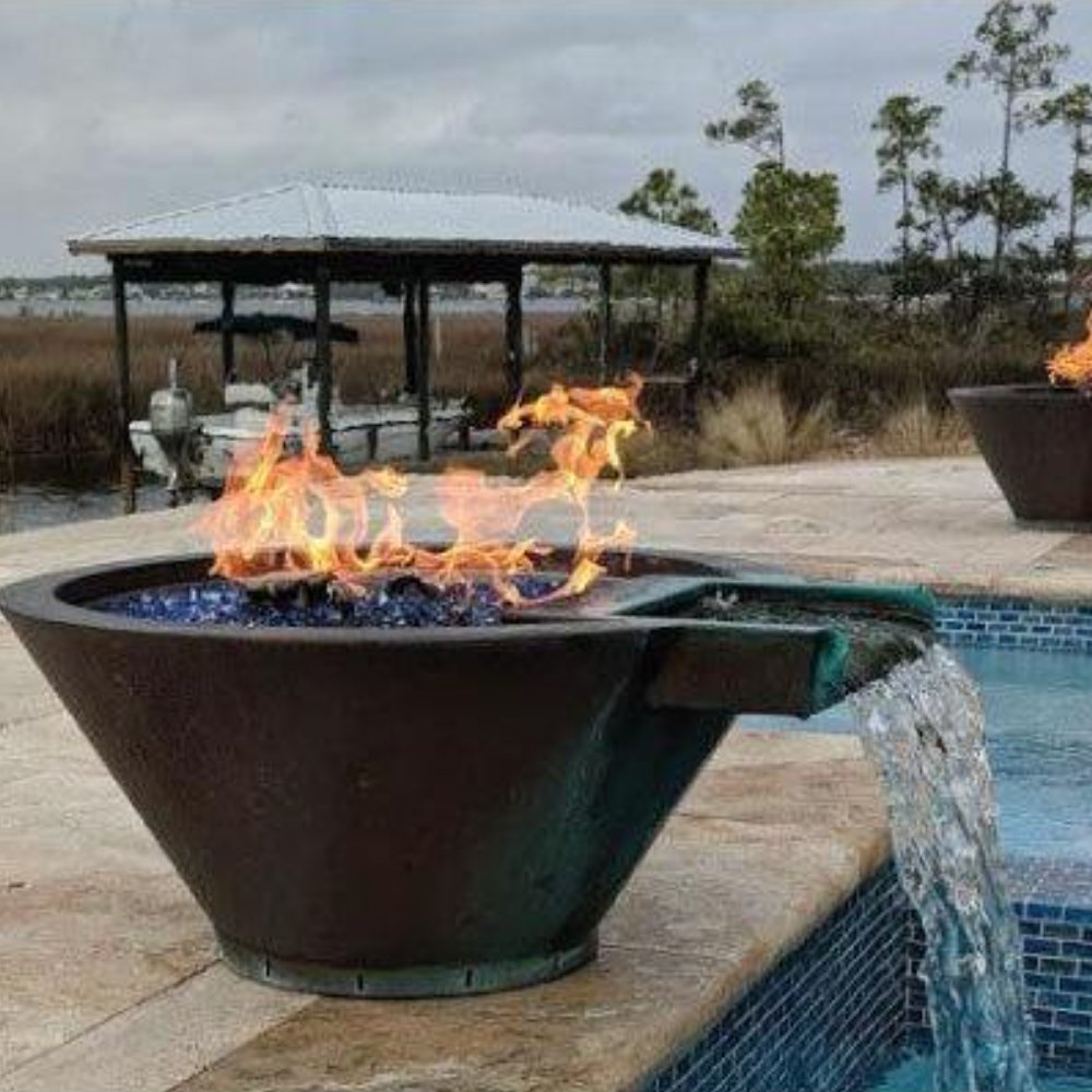 Round hammered copper fire and water bowl with flames and arcing water flow