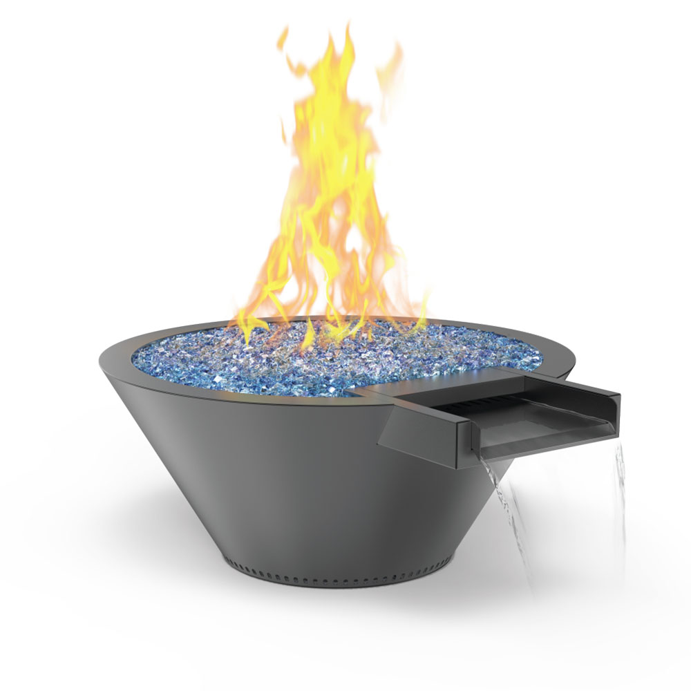Round gas fire and water bowl, black finish, blue burner insert, bright flames, side shelf