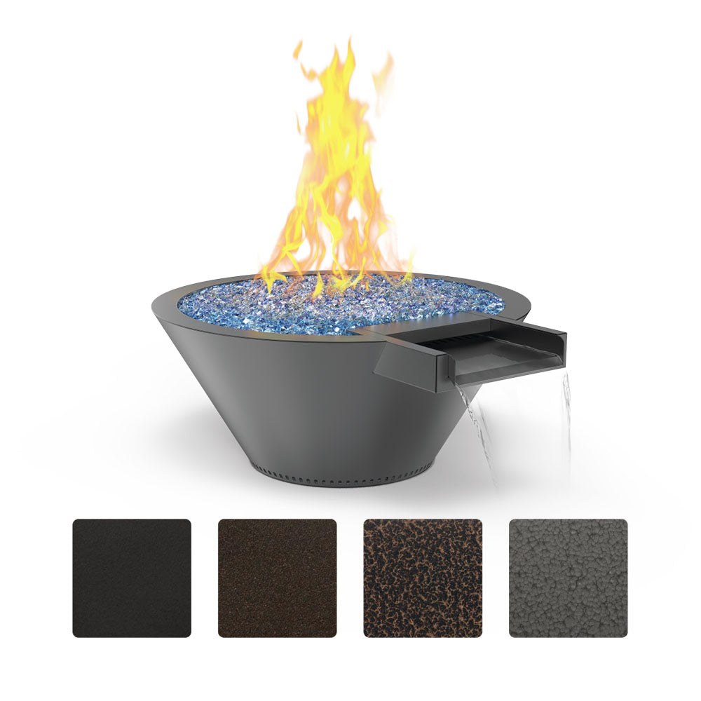 Round gas fire and water bowl with blue burner insert, flame, and side shelf; metal shades shown