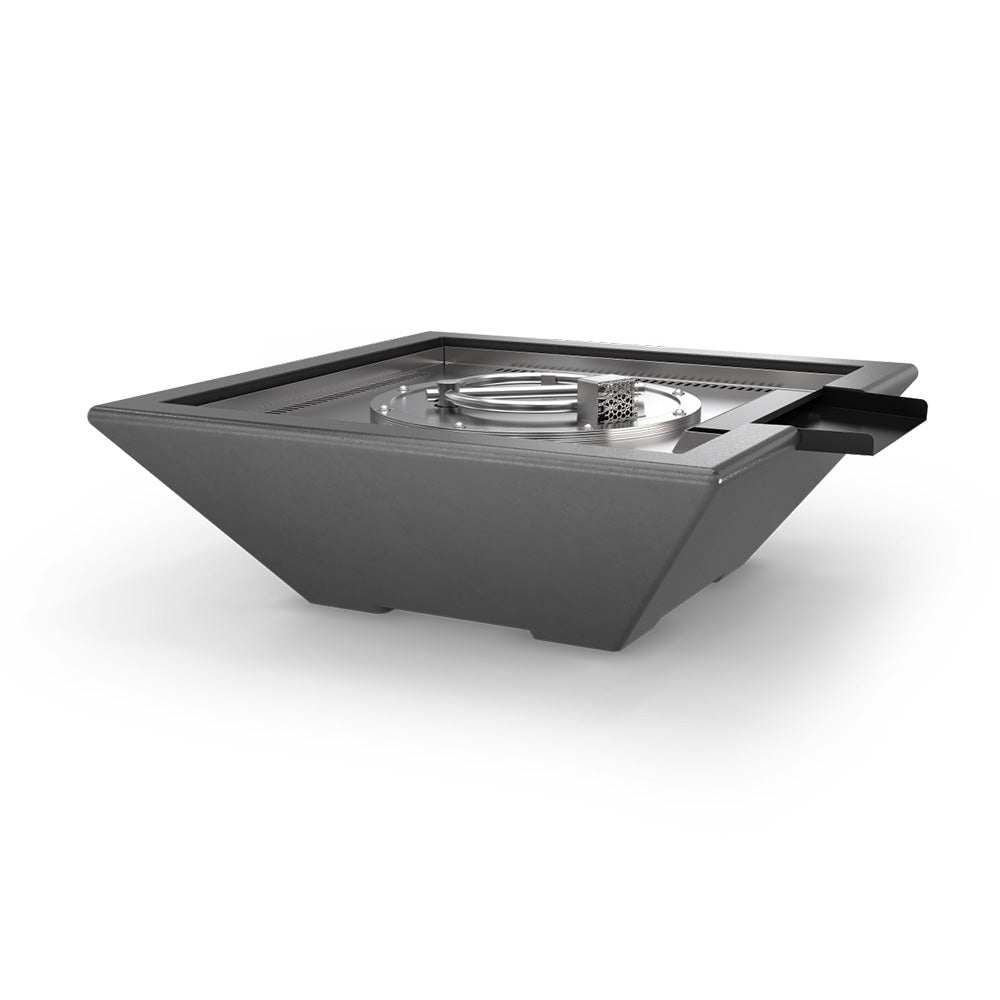Gray concrete fire and water bowl with metal burner insert and side ledge