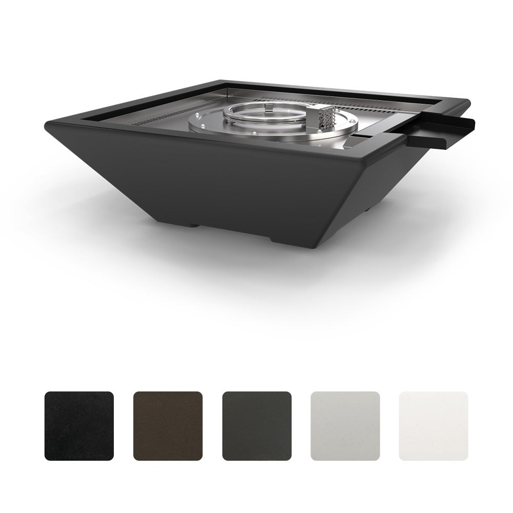 Black concrete gas fire and water bowl with metal burner pan and glass cover