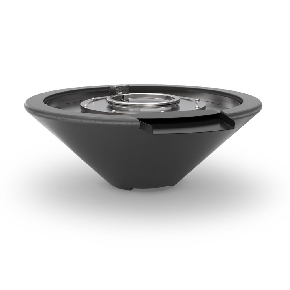 Concrete gas fire and water bowl, black gray finish with circular burner housing