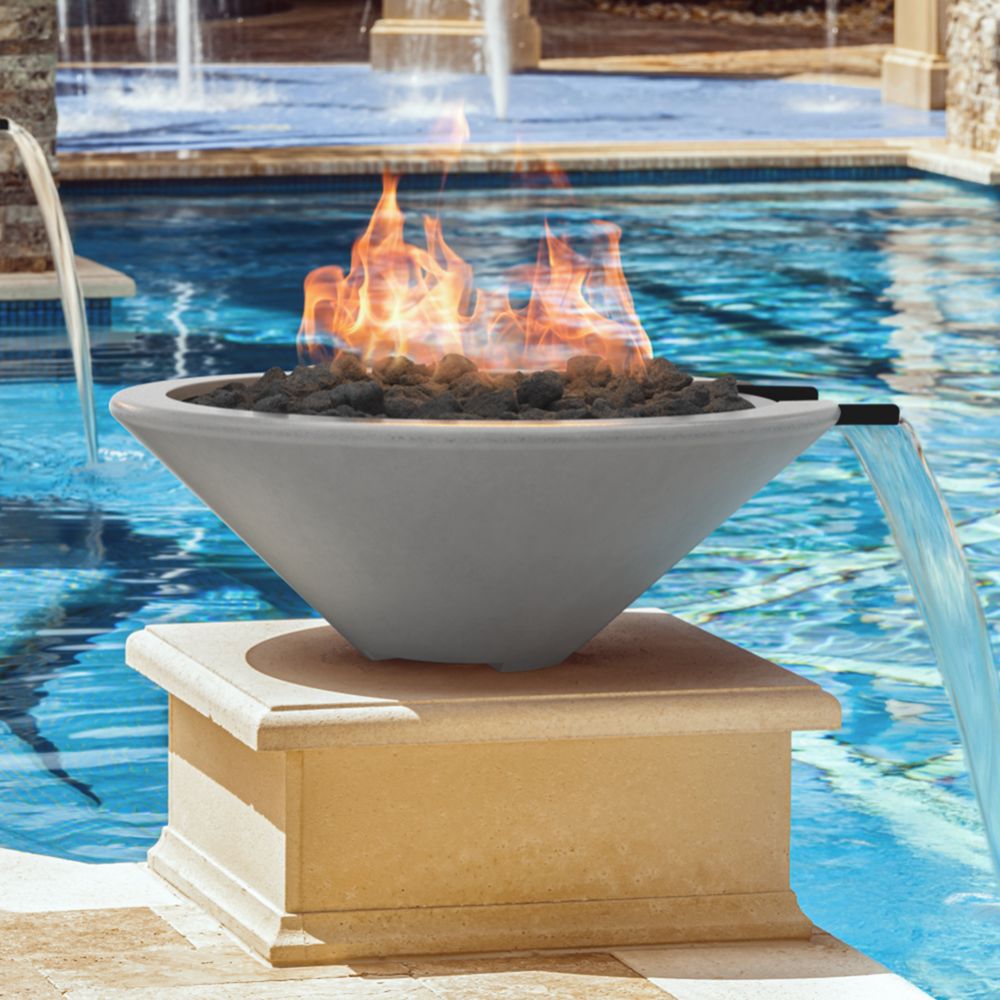 Concrete gas fire and water bowl, light gray with burner opening and fire tray