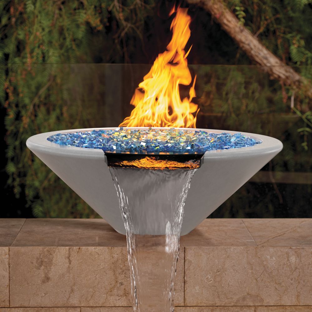 Concrete gas fire and water bowl, white with metal burner tray and flames