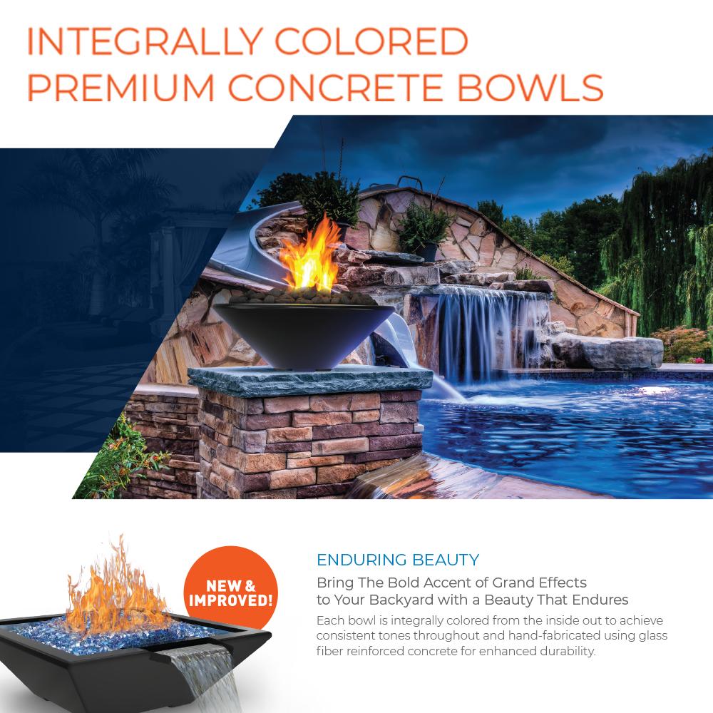 Concrete gas fire and water bowl, dark surface with flame above the burner insert