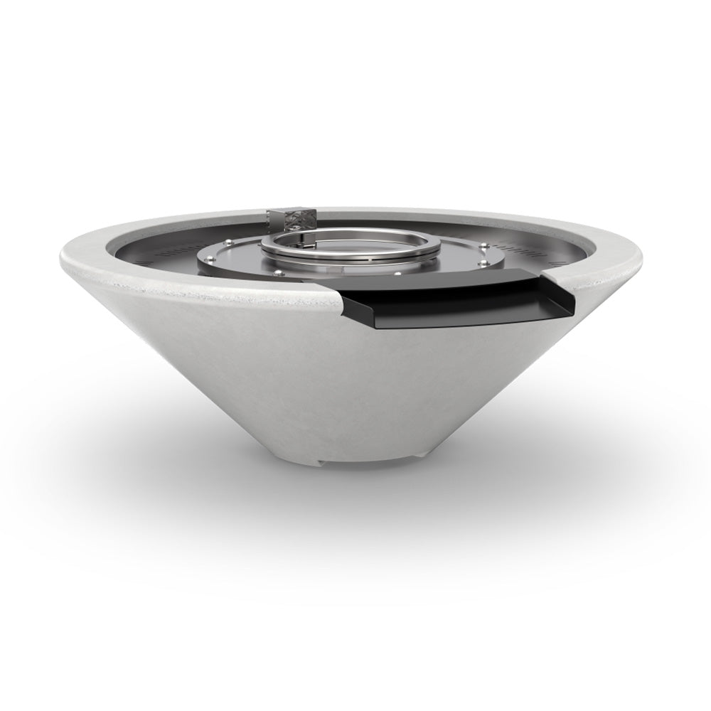 White concrete gas fire and water bowl with circular burner and side guard