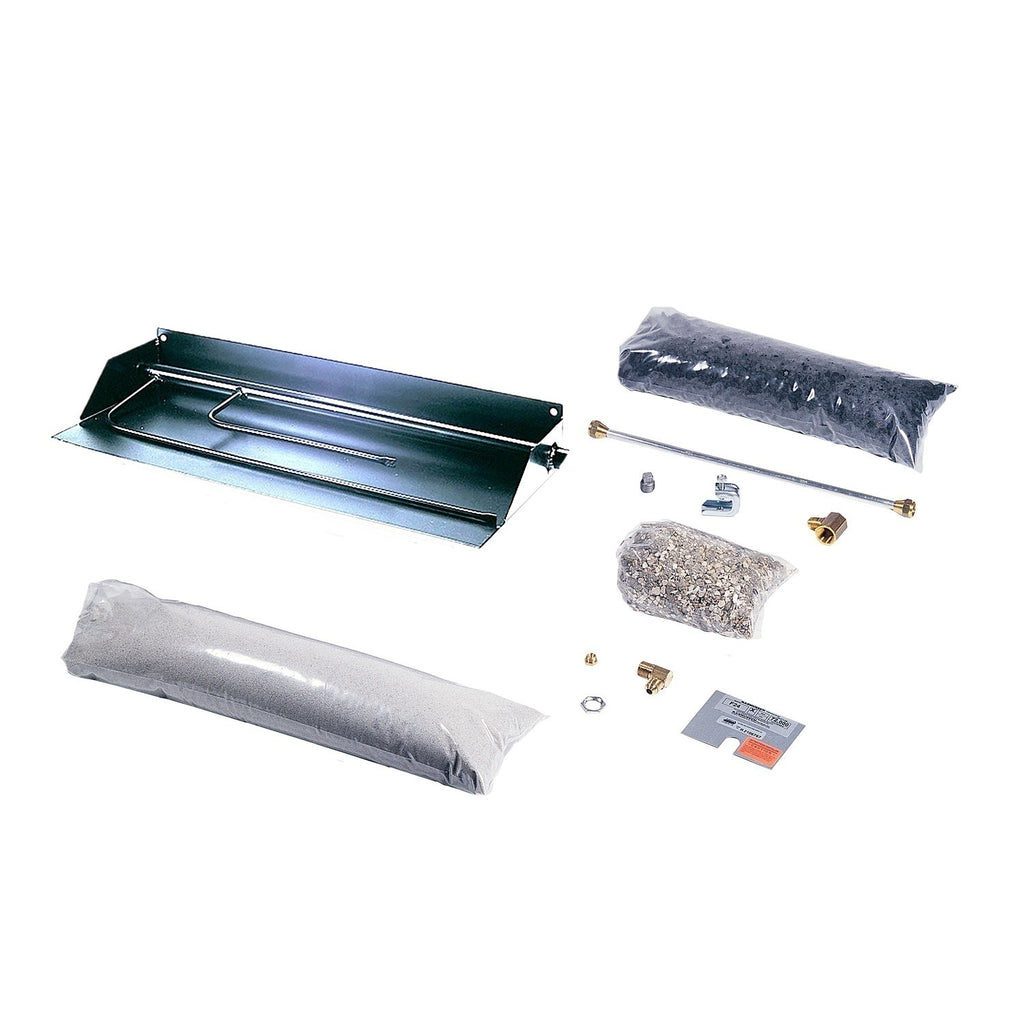 Vented gas fireplace burner kit with metal burner tray, screws, and flame media