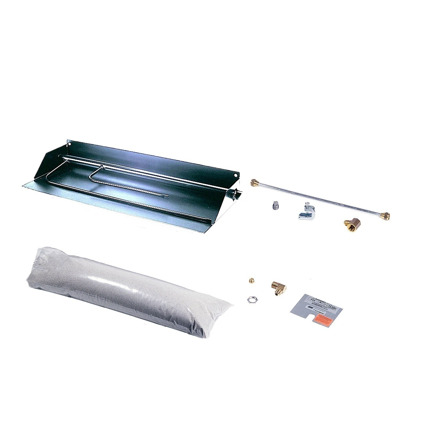 Vented gas fireplace burner kit with metal tray, hardware, and flame media pads