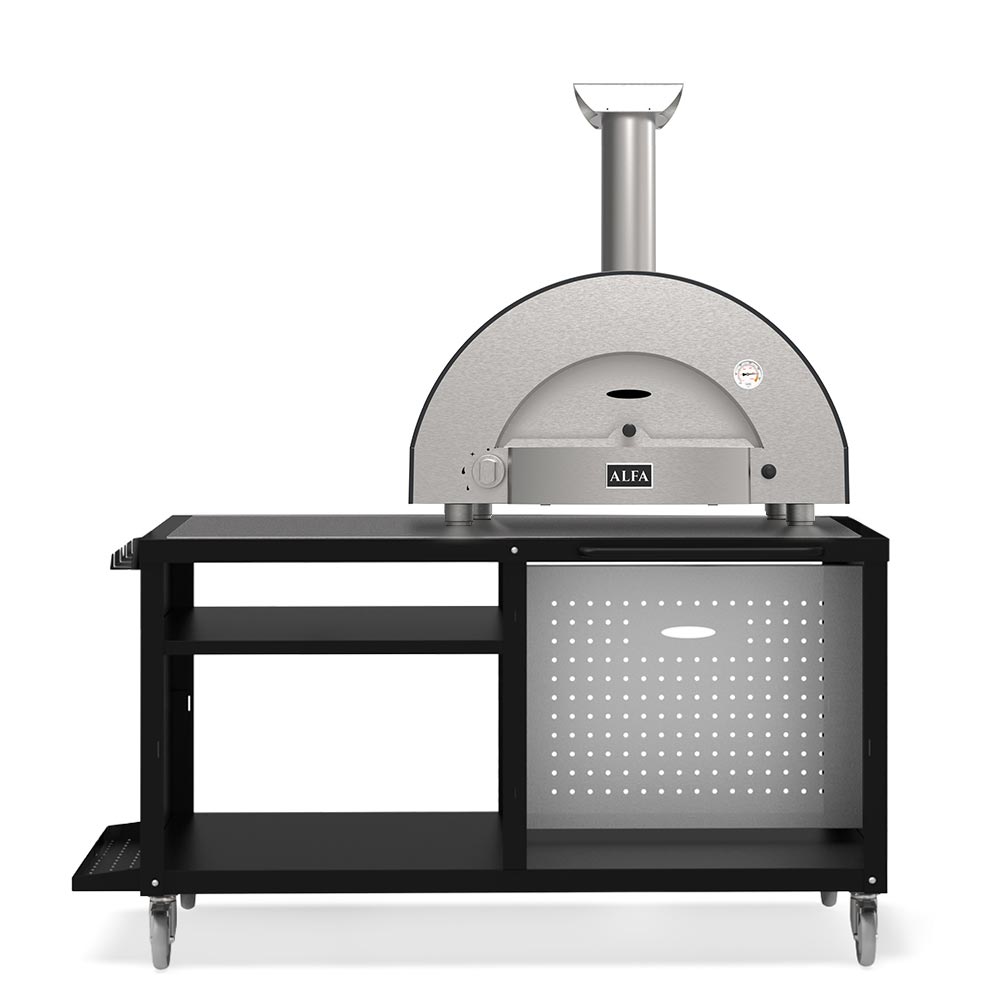 Stainless steel gas pizza oven with front dome opening and built-in cooking station