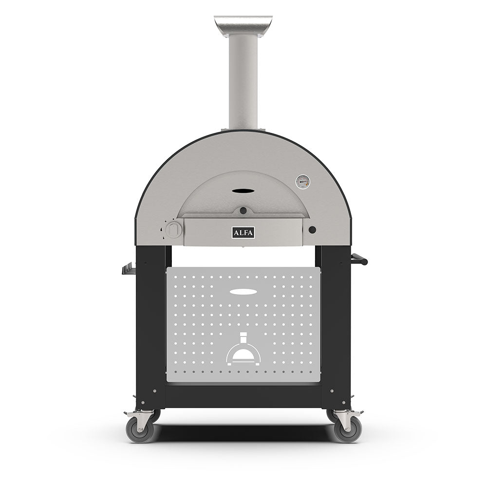 Freestanding gas pizza oven with dark dome and front firebox window