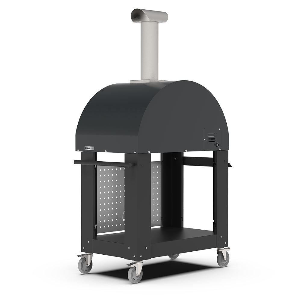 Freestanding gas pizza oven with dark dome and open front grilling chamber
