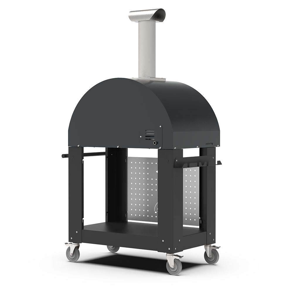 Freestanding gas pizza oven with dark dome and stainless chimney stack