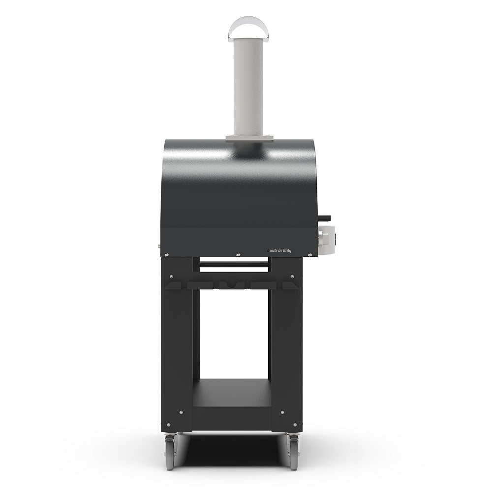 Freestanding gas pizza oven stand with black side panels and stainless chimney stack