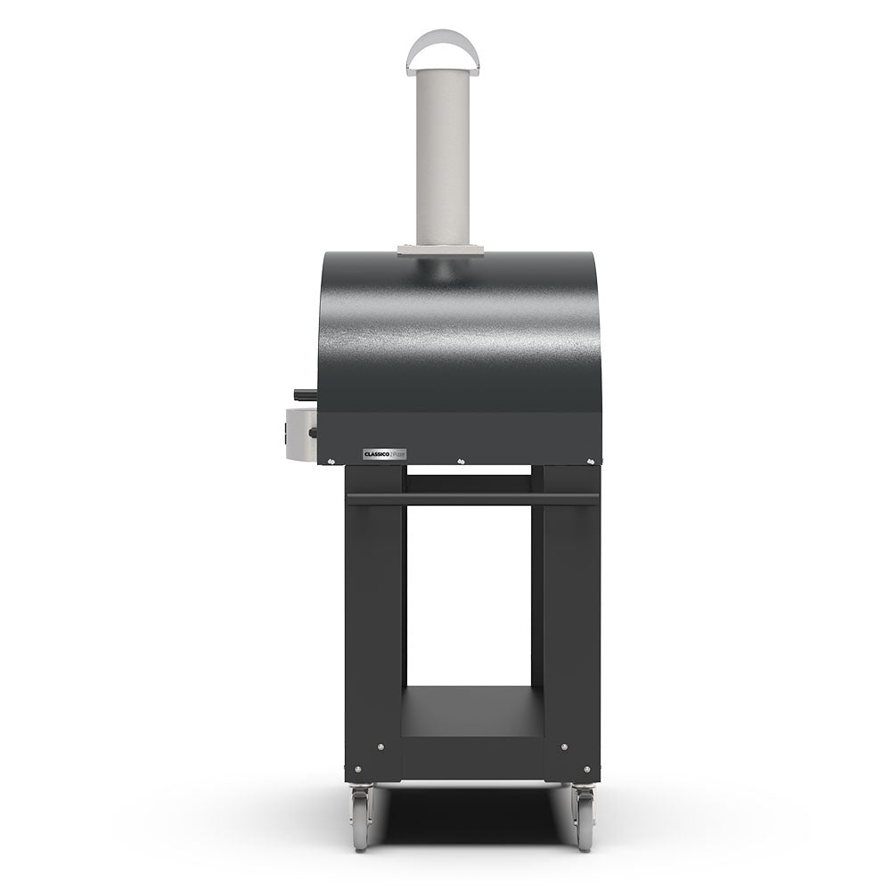 Freestanding gas pizza oven stand with black body panels and stainless chimney stack