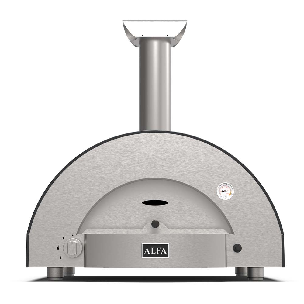 Stainless gas pizza oven with arched dome, front control panel, and side knob.