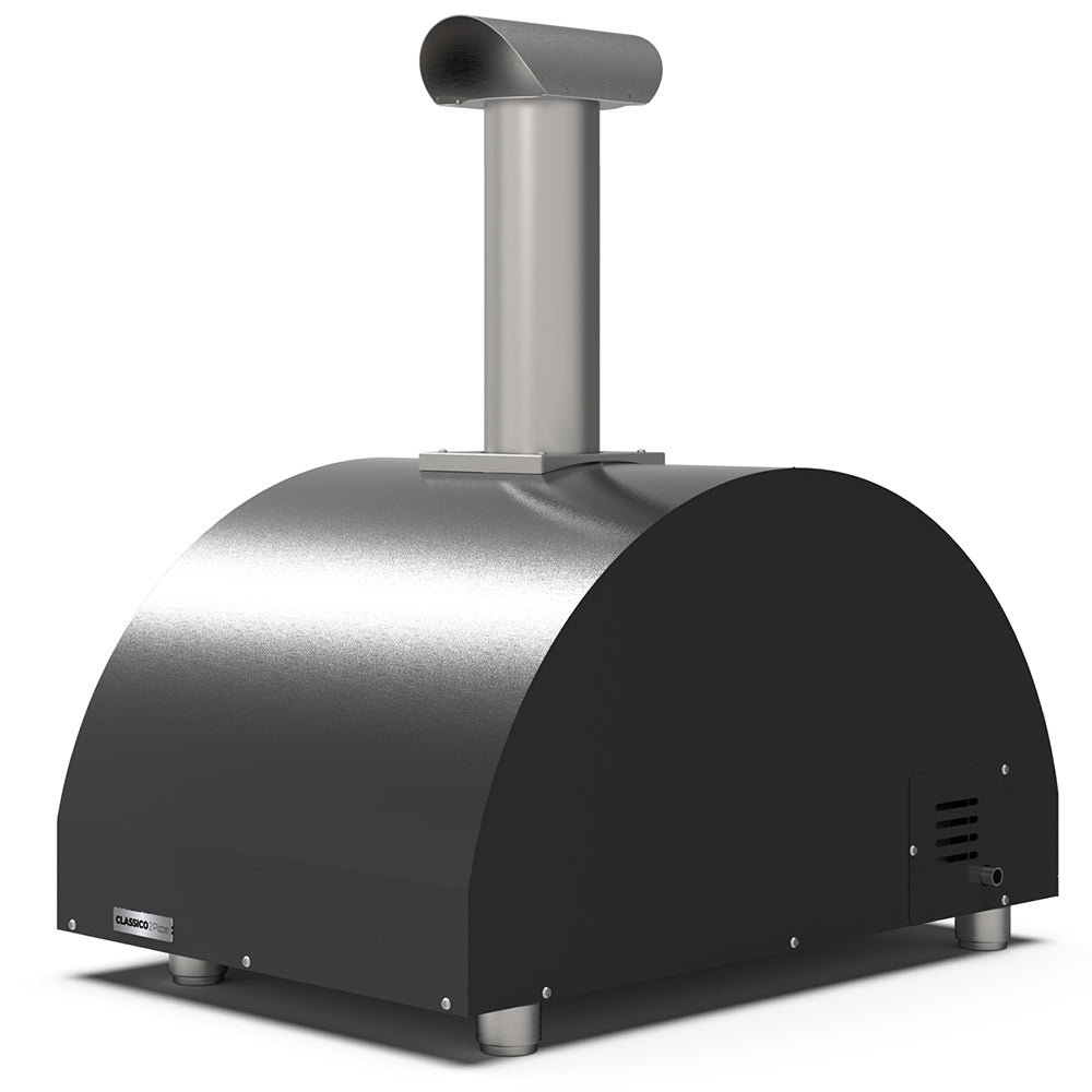 Alfa countertop gas pizza oven shown from the front-left with dark side cover