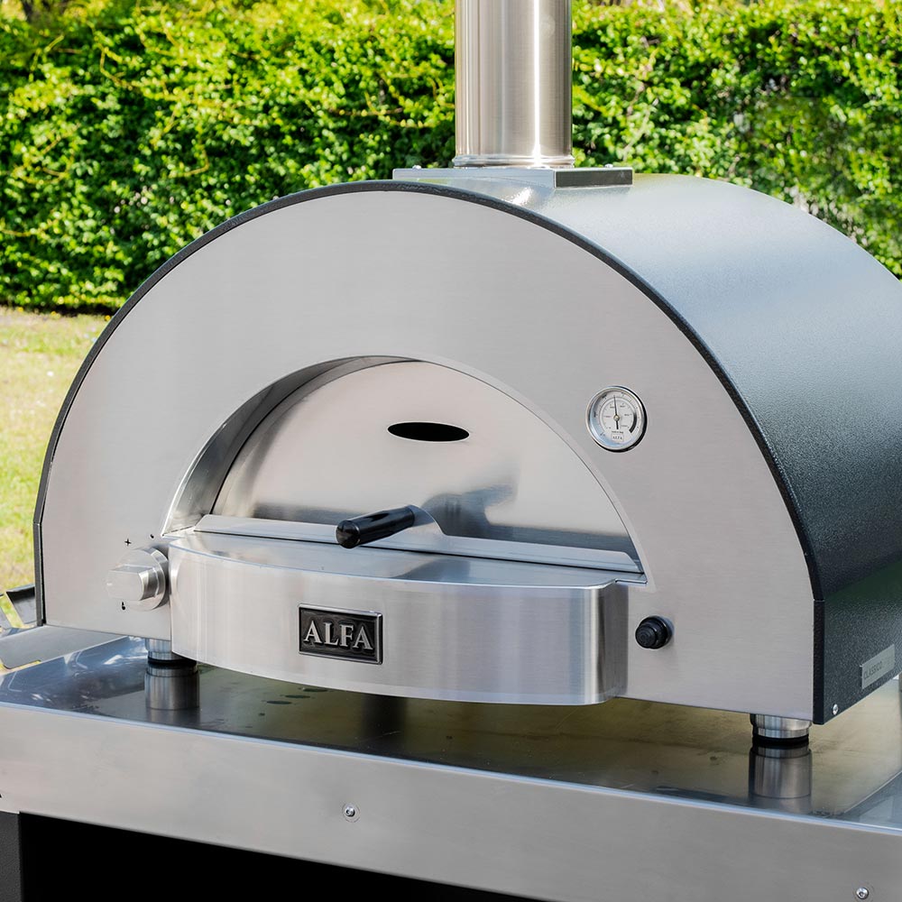 Alfa countertop gas pizza oven front view with stainless steel baking chamber door