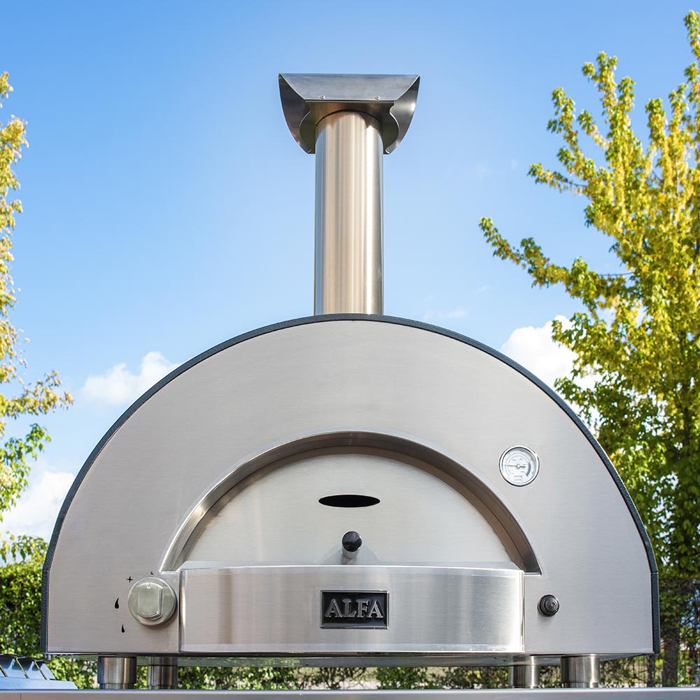 Alfa gas pizza oven front view with chimney and arched metal cooking opening