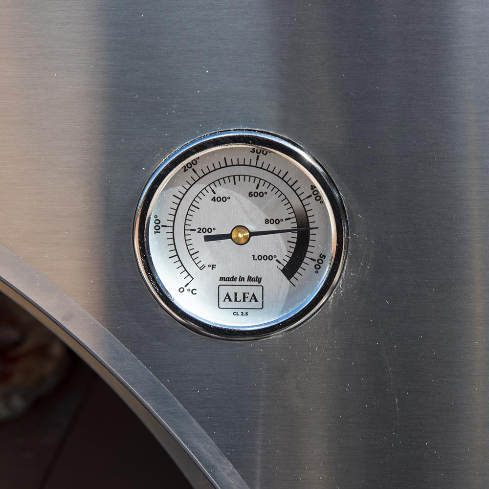 Alfa gas pizza oven temperature gauge dial on stainless steel control panel