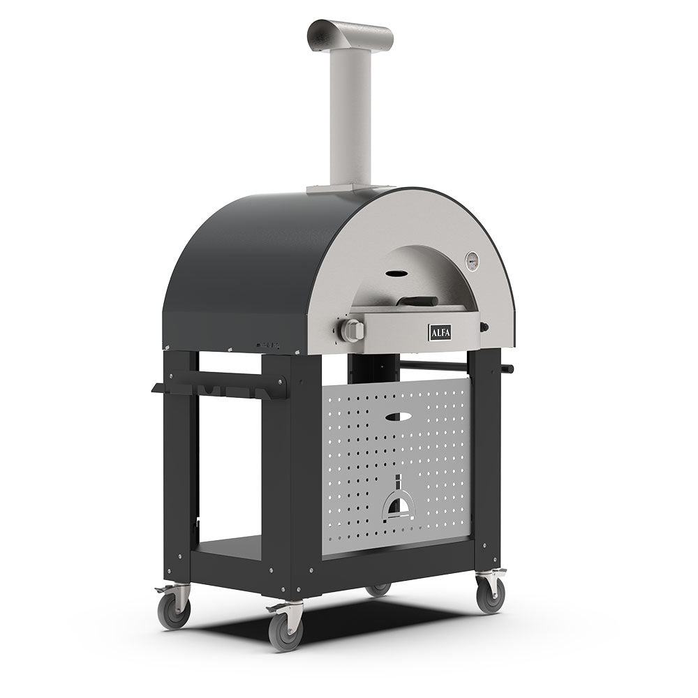 Freestanding wood-fired pizza oven on caster wheels, dark body with arched firebox opening.