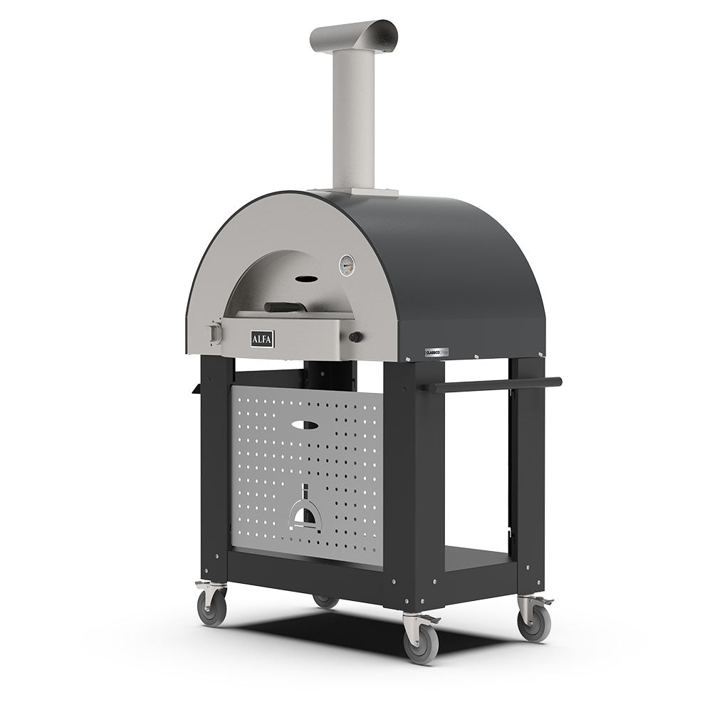 Freestanding wood-fired pizza oven with arched black dome, perforated front panel, and storage doors.